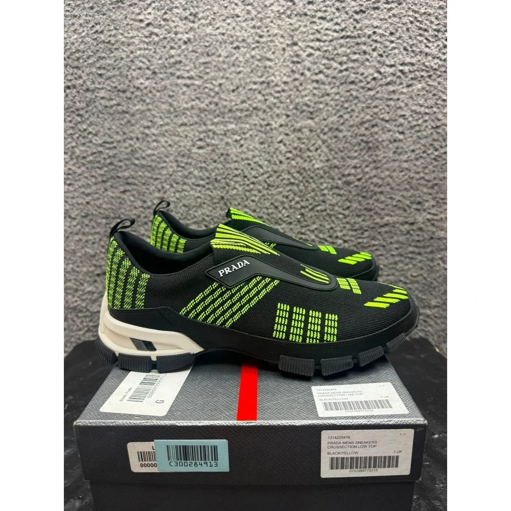 NWB Prada Crossection Low Top Slip On Sneakers Black Yellow Mens Size 7 UK